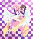  1girl angel_wings breasts feathered_wings halo highres jibril_(no_game_no_life) long_hair looking_at_viewer low_wings magic_circle multicolored_hair navel no_game_no_life pink_hair smile solo white_wings wings yellow_eyes 