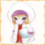  1boy androgynous bishounen black_eyes blue_skin chibi curly_hair hat konjiki_no_gash!! long_hair looking_at_viewer male orange_hair robe short_bangs solo zofis 