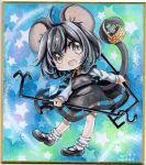  1girl animal_ears capelet chibi colored_pencil_(medium) dowsing_rod gem grey_eyes grey_hair jewelry mosho mouse mouse_ears mouse_tail nazrin necklace open_mouth pendant shirt skirt skirt_set smile solo star tail touhou traditional_media vest watercolor_(medium) 