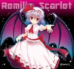  15_(tooka) 1girl ascot bat_wings bow brooch character_name dress dress_lift hat hat_bow jewelry lavender_hair outstretched_hand red_eyes remilia_scarlet solo star touhou wings 
