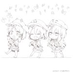  029pom 3girls :&lt; :&lt;&gt; chibi closed_eyes dated hat hata_no_kokoro miyako_yoshika miyako_yoshika_(cosplay) monochrome moriya_suwako multiple_girls musical_note ofuda open_mouth outstretched_arms singing star touhou twitter_username zombie_pose 