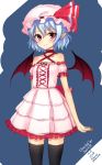  1girl adapted_costume bat_wings blue_hair hat junior27016 red_eyes remilia_scarlet short_hair sketch smile solo thigh-highs touhou wings 