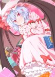  1girl arm_ribbon bat_wings blue_hair blush box chocolate chocolate_heart dress dutch_angle food fruit gift gift_box hat hat_ribbon heart highres juliet_sleeves long_sleeves mob_cap object_hug pink_dress pointy_ears puffy_sleeves red_eyes remilia_scarlet ribbon solo strawberry touhou ts512zkb wavy_mouth wings 