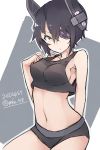  1girl alternate_costume arm_behind_back bare_shoulders breasts chestnut_mouth eyepatch headgear highres kantai_collection looking_at_viewer midriff mku navel open_mouth purple_hair short_hair tenryuu_(kantai_collection) yellow_eyes 