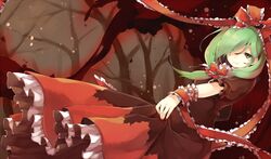  1girl akagashi_hagane bow dress forest front_ponytail green_eyes green_hair hair_bow hair_over_one_eye kagiyama_hina nature red_dress solo touhou wrist_ribbon 