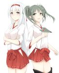  2girls back-to-back brown_eyes cowboy_shot crossed_arms green_eyes grey_hair hair_ribbon hairband hakama_skirt japanese_clothes kantai_collection long_hair looking_at_viewer multiple_girls nankaichimu paper_airplane pleated_skirt red_skirt ribbon shoukaku_(kantai_collection) silver_hair simple_background skirt twintails white_background zuikaku_(kantai_collection) 