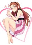  1girl bare_shoulders barefoot blush bow brown_eyes brown_hair dress hairband heart highres idolmaster long_hair lying minase_iori on_side parted_lips pink_dress ribbon shiny shiny_hair solo striped striped_dress stuffed_animal stuffed_bunny stuffed_toy tsurui vertical-striped_dress vertical_stripes 