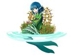  1girl blue_eyes blue_hair blush commentary_request drill_hair fish_tail frills gem grass head_fins japanese_clothes kimono long_sleeves mermaid monster_girl obi open_mouth sash short_hair smile solo street_dog touhou wakasagihime white_background wide_sleeves 
