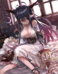  1girl antenna_hair bandages black_gloves black_hair blush breasts cleavage danua dress fingerless_gloves gloves granblue_fantasy hair_between_eyes highres horn_ornament horns jewelry large_breasts long_hair looking_at_viewer necklace pointy_ears red_eyes shirabi_(life-is-free) solo white_dress 