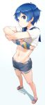  1girl bare_legs bikini_under_clothes blue_eyes blue_hair denim denim_shorts flip-flops from_above highres kamishiro_sui looking_at_viewer midriff multicolored_bikini nagian sailor_collar sandals short_hair shorts solo swimsuit swimsuit_under_clothes tokyo_7th_sisters undressing white_background 
