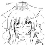  1girl :&lt; animal_ears blush fang hat inubashiri_momiji looking_up monochrome pom_pom_(clothes) short_hair signature simple_background sketch solo sweat taurine_8000mg tokin_hat touhou white_background wolf_ears 