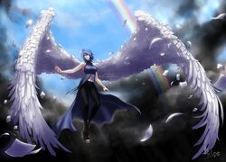  1girl akatsuki_(naruto) artist_name blue_hair clouds eeriefaery flower hair_flower hair_ornament konan naruto piercing rainbow short_hair sky solo wings 