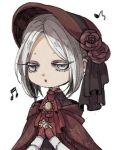  1girl :o bangs bloodborne bonnet cloak colored_eyelashes doll_joints flower grey_eyes half-closed_eyes hands_clasped jukkadoll musical_note open_mouth plain_doll red_rose rose short_hair silver_hair solo swept_bangs upper_body 