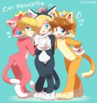 3girls :o animal_costume animal_ears back blonde_hair blue_eyes blush brown_hair cat_ears cat_tail crown earrings english eromame gloves hand_on_hip hands_clasped heart jewelry multiple_girls nintendo open_mouth paw_print paws princess_daisy princess_peach rosetta_(mario) smile super_mario_bros. tail white_gloves