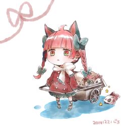  029pom 1girl :&lt; animal_ears braid cat_ears chibi coat dated gradient_eyes kaenbyou_rin leg_ribbon multicolored_eyes redhead ribbon scarf skull star touhou twin_braids wheelbarrow 