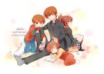  2boys 2girls back-to-back brother_and_sister brown_hair cat dual_persona little_busters!! long_hair looking_back misaki_juri multiple_boys multiple_girls natsume_kyousuke natsume_rin overalls ponytail red_eyes school_uniform short_hair siblings sitting sleeping sleeping_on_person time_paradox 