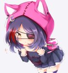  1girl absurdres animal_hood blush brown_eyes cat_hood eyepatch hayasaka_mirei highres hood hoodie idolmaster idolmaster_cinderella_girls kisa_(k_isa) purple_hair short_hair solo 