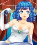  1girl alternate_costume bare_shoulders blue_eyes blue_hair breasts bustier cleavage drill_hair elbow_gloves gloves head_fins highres lips looking_at_viewer mermaid monster_girl shirane_koitsu short_hair smile solo touhou wakasagihime white_gloves 