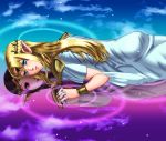  2girls a_link_between_worlds artist_request blonde_hair blue_eyes bracelet different_reflection dress earrings forehead_jewel highres holding_hands interlocked_fingers jewelry long_hair looking_at_viewer lying multiple_girls on_stomach pointy_ears princess_hilda princess_zelda purple_hair red_eyes reflection ripples shoulder_pads the_legend_of_zelda tiara triforce 