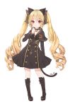  animal_ears bell blade_&amp;_soul blonde_hair boots canape_(canape0130) cat_ears curly_hair dress highres jingle_bell knee_boots long_hair lyn_(blade_&amp;_soul) red_eyes ribbon tail twintails very_long_hair 