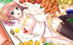  1girl apron bare_shoulders blue_eyes breasts carrot food fruit hair_ornament heart highres looking_at_viewer lying open_mouth original pink_hair pinkarage thigh-highs 