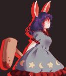  1girl afterimage animal_ears black_background blood blue_dress breasts dress frilled_dress frills hammer head_tilt legacy_of_lunatic_kingdom looking_at_viewer orz_(kagewaka) purple_hair rabbit_ears red_eyes seiran_(touhou) short_sleeves simple_background smile solo star_print touhou 