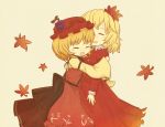  2girls aki_minoriko aki_shizuha akihiyo autumn_leaves blonde_hair closed_eyes hair_ornament hat hug multiple_girls siblings sisters smile touhou wide_sleeves 