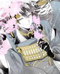  1boy black_hair blue_eyes cherry_blossoms japanese_clothes male_focus mikazuki_munechika noppo petals smile touken_ranbu 