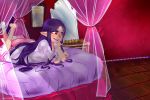  1girl a_link_between_worlds barefoot blush casual chin_rest dress eyeshadow kiiro_no_tobira lipstick long_hair lying makeup on_bed on_stomach pointy_ears princess_hilda purple_hair purple_lipstick red_eyes smile solo the_legend_of_zelda triforce white_dress 