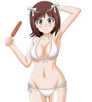  1girl amami_haruka arms_up bikini brown_hair corndog green_eyes highres idolmaster short_hair swimsuit takumi_(rozen_garten) 