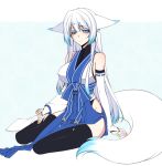  1girl animal_ears asymmetrical_clothes bare_shoulders blue_eyes bridal_gauntlets detached_sleeves elbow_gloves floral_background fox_ears fox_tail gloves japanese_clothes konshin long_hair original sitting solo tail thigh-highs white_hair 