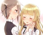 2girls :d ange_(princess_principal) bangs black_dress black_ribbon blonde_hair blouse blue_eyes blunt_bangs blush braid closed_eyes closed_mouth commentary_request couple dress eyebrows_visible_through_hair gradient gradient_background grey_hair hair_ornament hair_ribbon hand_on_another&#039;s_cheek hand_on_another&#039;s_face hands_together happy highres light_smile long_hair long_sleeves looking_at_another multiple_girls neck_ribbon open_mouth pink_background princess_(princess_principal) princess_principal profile ribbon school_uniform shiny shiny_hair short_hair side_braid sidelocks sideways_mouth simple_background sleeve_cuffs sleeveless sleeveless_dress smile sorimachi-doufu standing tsurime upper_body white_background white_blouse yuri 