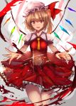  1girl ascot blonde_hair commentary_request cup dress flandre_scarlet hat hat_ribbon highres looking_at_viewer mob_cap open_mouth puffy_short_sleeves puffy_sleeves red_dress ribbon short_sleeves side_ponytail smile solo takane_soprano touhou wine_glass wings wrist_cuffs 