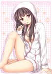  1girl :p arm_support barefoot blush breasts brown_hair candy highres hoodie jacket legs lollipop long_hair long_sleeves nakamura_sumikage open_clothes open_jacket original red_eyes sitting solo tongue tongue_out under_boob 