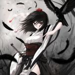  1girl bird black_hair cloudy.r crow feathers hat katana red_eyes shameimaru_aya short_hair solo sword tokin_hat touhou weapon wings 