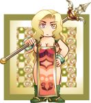  angry bare_legs bare_shoulders blonde_hair boots bracelet breasts chibi cleavage daimaou_k deel frown haevest hand_on_hip jewelry long_hair lowres naked_tabard narrowed_eyes original over_shoulder patterned_background polearm sideboob tabard transparent_background violet_eyes weapon 