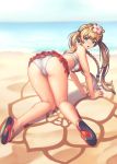  1girl all_fours ass beach bent_over bikini blonde_hair blue_eyes braid frilled_bikini frilled_panties frilled_skirt frills highres long_hair looking_at_viewer looking_back open_mouth original panties sand sandals single_braid skirt swimsuit thighs turna98 twintails underwear very_long_hair 