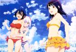  3girls ;d absurdres bandeau barefoot bikini bikini_skirt blue_hair blue_sky blush breasts brown_eyes brown_hair cleavage clouds fisheye frilled_bikini frills hair_between_eyes hairband highres hug hug_from_behind leg_up looking_at_viewer looking_back mole multiple_girls navel nisekoi one_eye_closed onodera_kosaki open_mouth paula_mccoy red_bikini red_eyes short_hair sideboob sky smile striped striped_bikini striped_swimsuit swimsuit tsugumi_seishirou white_hair yellow_bikini yellow_eyes 