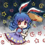  1girl animal_ears blood blood_stain blue_hair chibi crescent dress empty_eyes heart legacy_of_lunatic_kingdom long_hair looking_at_viewer lowres mallet open_mouth ponytail pote_(ptkan) rabbit_ears red_eyes seiran_(touhou) sketch smile solo star touhou 