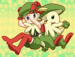  1girl asymmetrical_hair blue_eyes boots bracelet breloom cosplay eureka_(pokemon) gloves hair_bobbles hair_ornament hat jewelry kurumi_(forte) pokemon pokemon_(creature) red_boots red_gloves sitting suspenders 