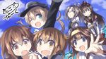  6+girls :d ;) ahoge bare_shoulders brown_eyes brown_hair darkside detached_sleeves double_bun fang grey_hair hachimaki hair_ornament hairclip headband headgear high_ponytail highres ikazuchi_(kantai_collection) inazuma_(kantai_collection) jewelry kantai_collection kongou_(kantai_collection) long_hair multiple_girls muneate nontraditional_miko one_eye_closed open_mouth pleated_skirt ponytail prinz_eugen_(kantai_collection) red_skirt ring school_uniform serafuku short_hair skirt smile twintails wavy_mouth wedding_band yamato_(kantai_collection) zuihou_(kantai_collection) 