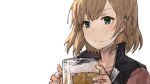  1girl alcohol beer benitama blush brown_hair cup green_eyes miyamori_aoi mug shirobako short_hair solo sweatdrop 