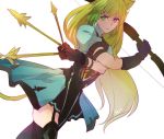  1girl animal_ears archer_of_red arrow blonde_hair bow_(weapon) cat_ears dress fate/apocrypha fate_(series) garter_straps gloves gradient_hair green_eyes green_hair heru_(goldprin) long_hair multicolored_hair solo two-tone_hair weapon 