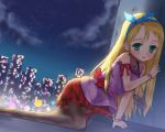  1girl all_fours bag blonde_hair bracelet camisole child earrings green_eyes hairband jewelry long_hair night night_sky no_shoes original outdoors pantyhose skirt sky smile star_(sky) 