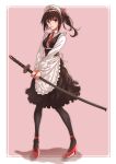  1girl black_hair black_legwear highres maid original ponytail puma_(hyuma1219) red_eyes short_hair solo sword weapon 