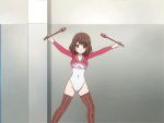  animated animated_gif ass breasts brown_eyes brown_hair girlfriend_(kari) gymnastics leotard lowres rhythmic_gymnastics shiina_kokomi short_hair smile thigh-highs 