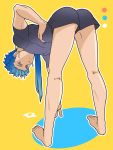  1boy barefoot bent_over blue_hair casual fate/stay_night fate_(series) highres lancer ponytail shimo_(s_kaminaka) shorts solo t-shirt 