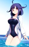  1girl ahoge breasts hair_flaps kantai_collection long_hair low_twintails one-piece_swimsuit purple_hair red_eyes solo swimsuit taigei_(kantai_collection) tenken_(gotannda) twintails 