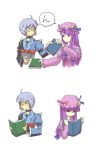  1boy 1girl ahoge blue_bow blue_ribbon book bow crescent crescent_hair_ornament dress frilled_dress frilled_sleeves frills glasses hair_ornament hair_ribbon hat hat_ribbon long_hair morichika_rinnosuke pajamas patchouli_knowledge purple_hair red_bow red_ribbon ribbon sayama_yoshiki short_hair touhou very_long_hair violet_eyes 