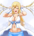  1girl ^_^ amagi_brilliant_park bare_shoulders blonde_hair blue_legwear blush bracer breasts center_opening cleavage closed_eyes finalcake large_breasts long_hair navel no_bra open_mouth pantyhose playing_with_own_hair solo sylphy_(amaburi) toned two_side_up 